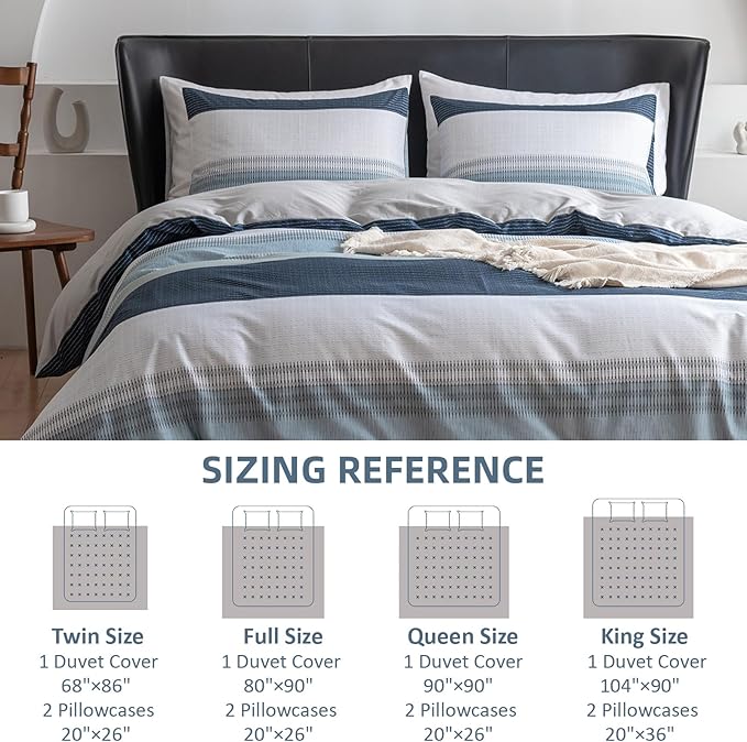 EAVD Cotton Duvet Cover Set White Gray Blue Striped Duvet Cover King Geometric Pattern Bedding Set with 2 Pillowcases Modern Style Striped Comforter Cover with Zipper Closure