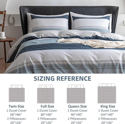 EAVD Cotton Duvet Cover Full Size White Grey Blue Striped Bedding Set with 2 Pillowcases Modern Geometric Striped Duvet Cover with Zipper Closure