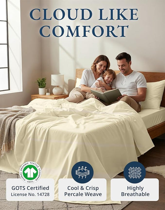 LANE LINEN 100% Organic Cotton Twin Bed Sheet Set, 3 Pc Twin Size Bed Sheets, Soft & Breathable Twin Sheet Set Boys, Hotel Style Bedding Sheets & Pillowcases, 15" Deep Fitted Sheet - Natural