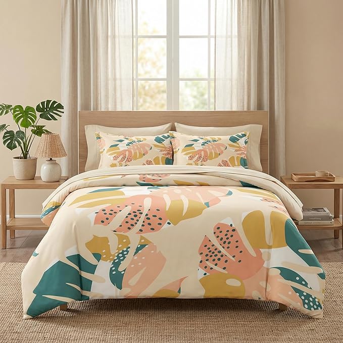 Comforter Set King Size, Monstera Palm Leaf Botanical 7 Pcs Bedding for Kids and Adults, Spring Summer Green Bed Sheet Sets with Fitted Sheet 2 Pillowcase & 2 Sham for Bedroom Bed Decor