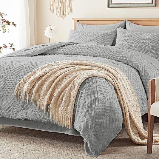 Zzlpp Twin Comforter Set 5 Pieces, Light Grey Tufted Bed in a Bag with Comforter and Sheets, All Season Boho Bedding Sets with 1 Comforter, 1 Pillow Sham, 1 Pillowcase, 1 Flat Sheet, 1 Fitted Sheet