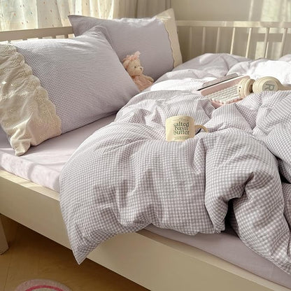 Purple Gingham XL Twin Comforter Boho Fluffy Bedding Set Plaid Cute Lightweight Down Alternative Bedding Comforter Set Microfiber Cozy Lace-Trimmed Farmhouse Comforter with 2 Pillowcases