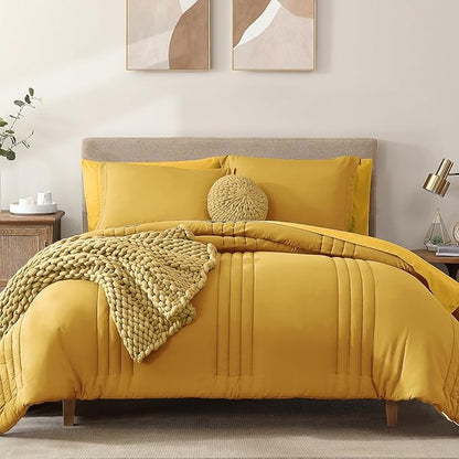 Monbix Full Comforter Set - 7 Pieces Bright Yellow Bed in a Bag Full Size Bedding Sets with Comforters, All Seasons Comforter with Sheets, Pillowcases & Shams