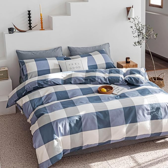 mixinni Twin XL Comforter Set Soft Fluffy Modern Style Checkered Pattern Comforter for Boys Mens, 1 Blue White Grey Geometric Comforter and 2 Pillowcases, All Seasons-Twin XL Size