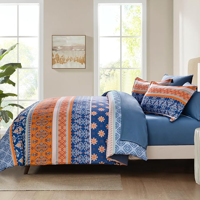 WONGS BEDDING Boho Comforter Set Full, Blue and Orange Bedding Set 7 Pieces Bed in a Bag Bohemian Striped Bedding Comforter Sets Soft Microfiber Comfortet and Sheet Set for All Season