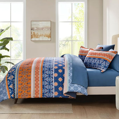 WONGS BEDDING Boho Comforter Set Full, Blue and Orange Bedding Set 7 Pieces Bed in a Bag Bohemian Striped Bedding Comforter Sets Soft Microfiber Comfortet and Sheet Set for All Season
