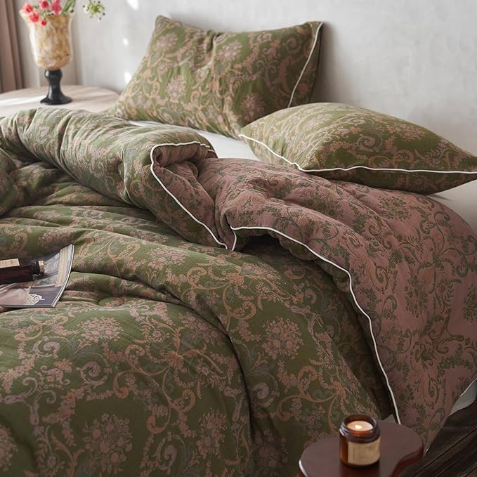 HighBuy Full Comforter Set Olive Green Paisley Floral Comforters Full Size Luxury Soft Muslin Cotton for All Seasons Floral Bedding Set with Comforters,2 Pillowcases,Breathable