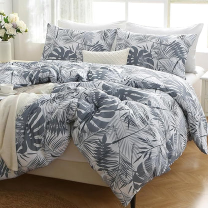 MUXHOMO Duvet Cover Full Size, Reversible Floral Black & Grey Duvet Cover Set with Zipper Closure, 3 Pieces Botanical Patterns Soft Microfiber Bedding Set with 4 Ties (80"x90", 2 Pillow Cases) US