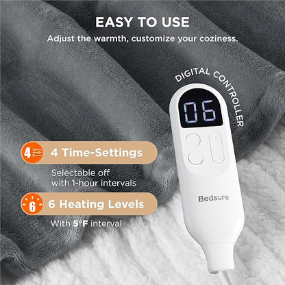 Bedsure Heated Blanket Throw Blanket - Fast Heating Electric Blanket, Soft Flannel Heated Throw with 4 Time Settings, 6 Heating Settings, Warm Gifts for Grandma & Grandpa & Seniors (50"x60", Grey)
