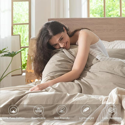 MooMee Bedding Duvet Cover Set 100% Washed Cotton Linen Like Textured Breathable Durable Soft Comfy (Heathered Tannish Linen Grey, Super Queen 90"x98")