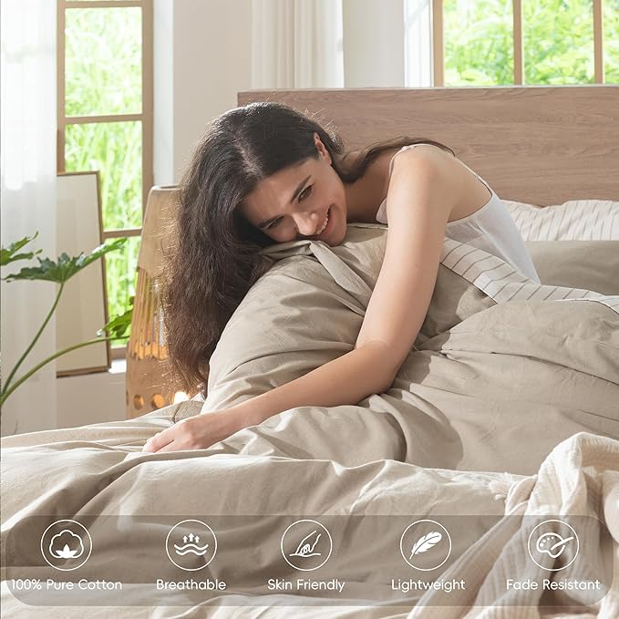 MooMee Bedding Duvet Cover Set 100% Washed Cotton Linen Like Textured Breathable Durable Soft Comfy (Heathered Tannish Linen Grey, Super King Plus 120"x120")