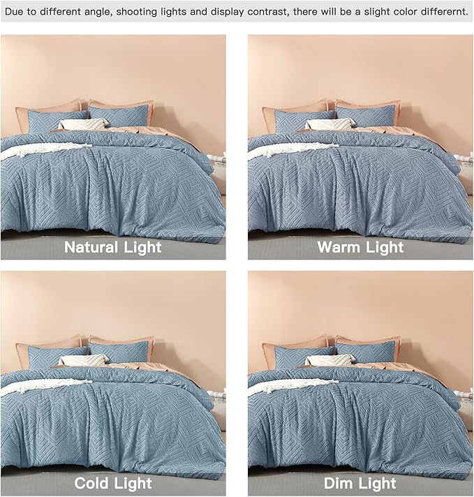 Litanika Grayish Blue Queen Comforter Set, 3 Pieces Tufted Boho Farmhouse Bedding Comforter Sets, Lightweight Fluffy Comforter Bed Set for All Season (90x90In Comforter and 2 Pillowcases)