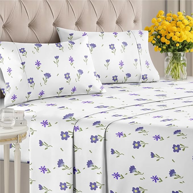Floral Sheets - Purple Floral Bed Sheet Set - 1 Flat, 1 Fitted & 2 Pillowcases w/ Deep Pockets - Comfy, Wrinkle & Fade Free - Boho Botanical Bedding - Ultra-Soft, Breathable & Cooling - King Size Set