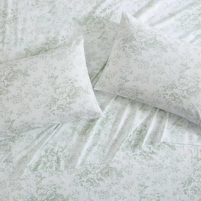 Laura Ashley - Queen Sheets, Cotton Percale Bedding Set, Lightweight & Breathable Home Decor (Toile Delight Green, Queen)
