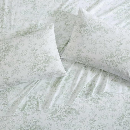 Laura Ashley - King Sheets, Cotton Percale Bedding Set, Lightweight & Breathable Home Decor (Toile Delight Green, King)