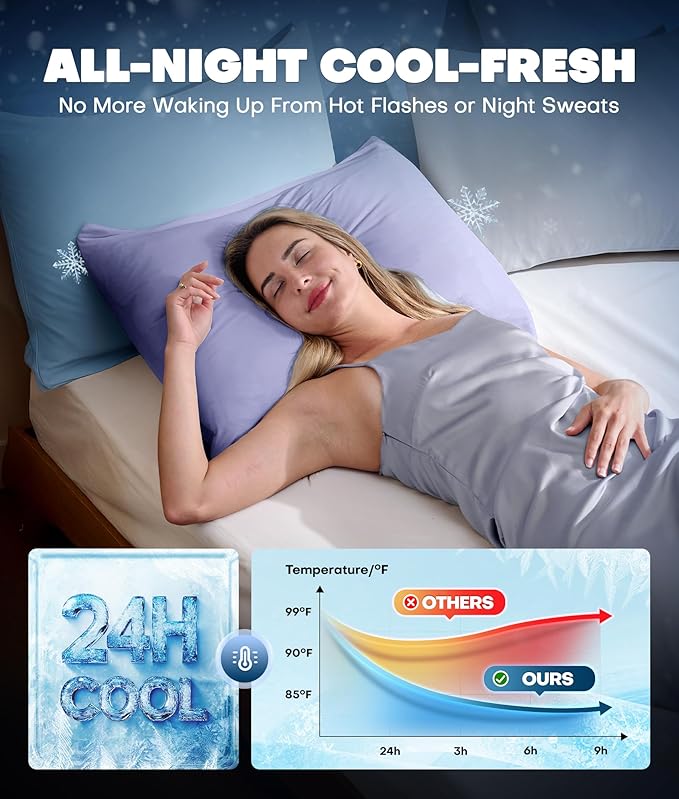 Ultra-Chill Cooling Pillowcase Set of 2 for Hot Sleepers, Softer Than Silk Pillow Cases for Protecting Hair & Skin, Breathable Bed Pillow Covers w/Zipper, Gifts for Women Men(Purple, Standard)