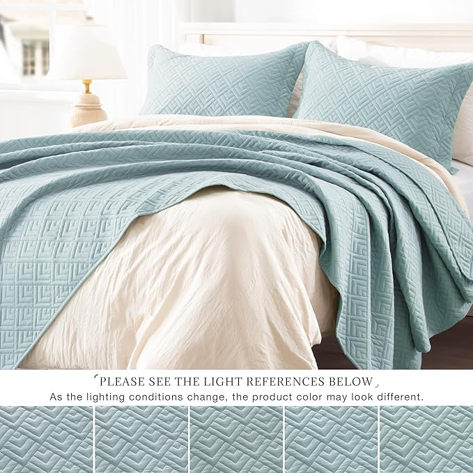 EXQ Home Quilt Set Full/Queen Size Coral Blue 3 Piece,Lightweight Soft Coverlet Modern Style Squares Pattern Bedspread Set for All Season(1 Quilt,2 Pillow Shams)