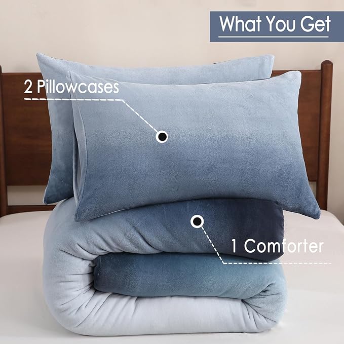 Bedbay Blue Gradient Plush Fleece Comforter Set Queen Size Ultra Soft Velvety Bedding Lightweight Warm Cozy Ombre Quilt Set Reversible Fleece Fluffy Comforter 3 Pcs with 2 Pillowcases