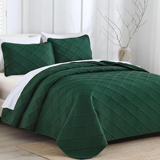 Yiran California King Quilt Set, Emerald Green Oversized Bedspread Bedding Set, Lightweight Diamond Pattern Soft Microfiber Modern Style Coverlet with 2 Pillow Shams 112x104 inch