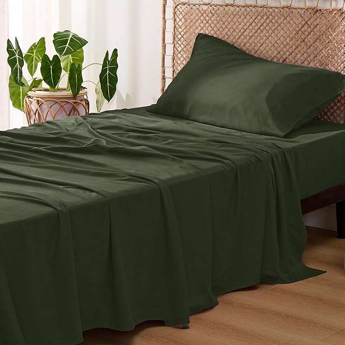 Bedsure Cooling Sheets Twin, Rayon Derived from Bamboo, PureWoven, Breathable & Soft Twin Sheets Set, Deep Pocket Up to 16 Inches, Hotel Luxury Silky Bedding for Hot Sleepers, Olive Green