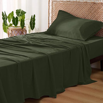 Bedsure Cooling Sheets Twin, Rayon Derived from Bamboo, PureWoven, Breathable & Soft Twin Sheets Set, Deep Pocket Up to 16 Inches, Hotel Luxury Silky Bedding for Hot Sleepers, Olive Green