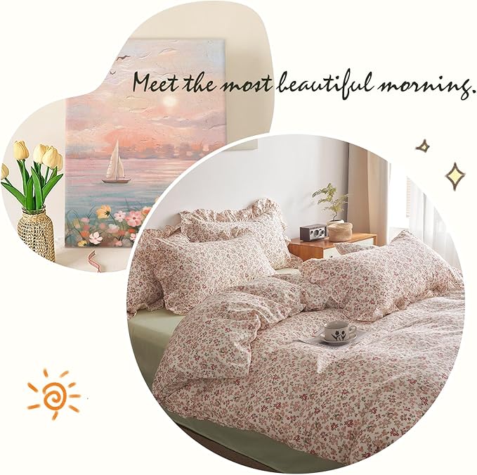 VM VOUGEMARKET Girls Duvet Cover with Pink Red Flower Pattern 100% Cotton Elegant Floral Bedding Set Queen Cottagecore Comforter Cover Set with Ruffle Pillowcases(3 pcs,90x90 Inch)