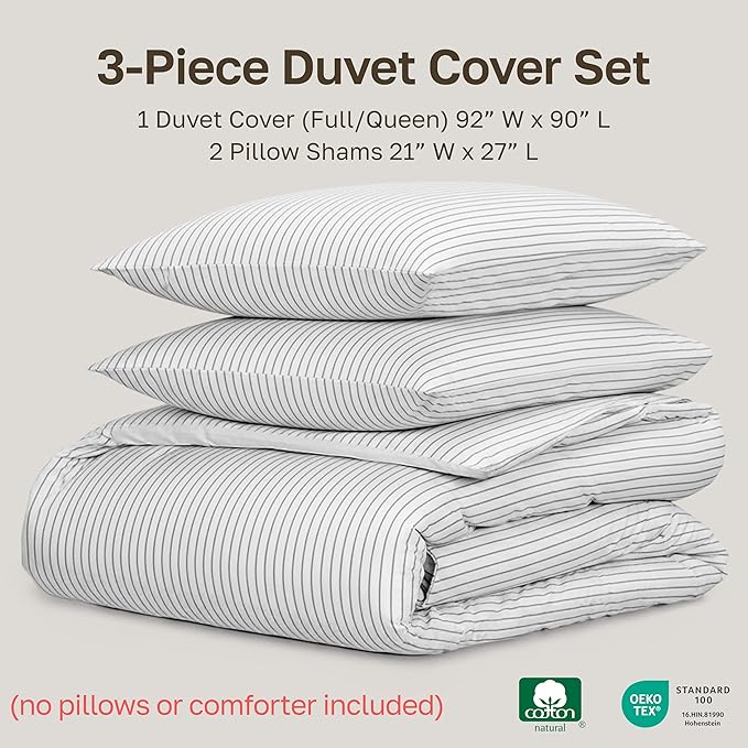 California Design Den Printed 100% Cotton Full/Queen Duvet Cover Set - 400 Thread Count Sateen, Button Closure and Corner Ties (3 Piece, Pinstripe Print)