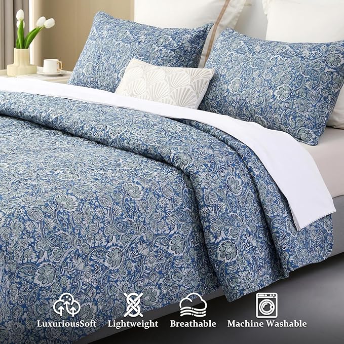 DURLENGEN Quilt Set Queen Size 3Pcs,Soft Microfiber Lightweight Bedspread,Blue & Green Paisley Floral Geometric Pattern Coverlet for All Season Layering(Queen 90x96,Paisley Blue)