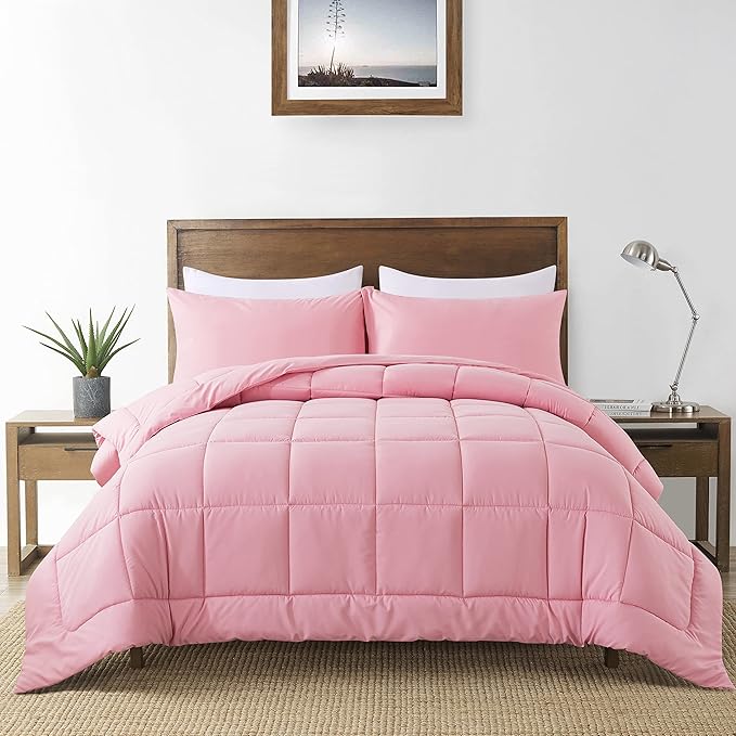 DOWNCOOL Queen Comforter Set -All Season Bedding Comforters Sets with 2 Pillow Cases-3 Pieces Bedding Sets Queen -Down Alternative Pink Queen Size Comforter Sets(88"x92")