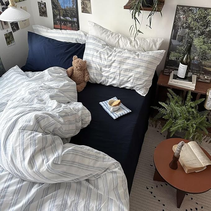 MKXI King Size Duvet Cover Set - 100% Washed Cotton Blue & White Striped Bedding, Soft & Breathable 3-Piece Set with Zipper Closure & Corner Ties, Modern Coastal Vintage Style