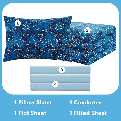 Cokouchyi Twin Comforter Sets for Boys Girls, Glow in The Dark Kids Bedding Sets, 4 Pcs Twin Bed in a Bag with Comforter, Sheets, Pillow Sham, Galaxy