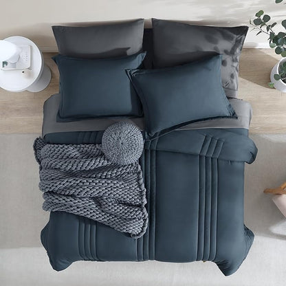 Monbix Oversized King Size Comforter Set - 7 Pieces Blue Gray Bed in a Bag Oversized King Bedding Sets with Comforter, All Seasons Comforter Bed Set with Sheets, Pillowcases & Shams