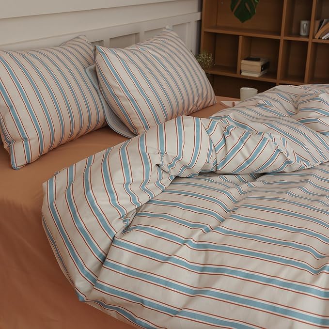 LifeTB Striped Duvet Cover Set King 3 Pieces Blue Brown Stripes Pattern Printed Bedding Set King 100% Cotton Retro Striped Comforter Cover Comfy Soft Breathable Duvet Cover with 2 Pillowcases