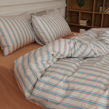 Blue Striped Duvet Cover Set Full 100% Cotton Retro Stripes Pattern 3 Pieces Bedding Set Blue Brown Striped Comforter Cover Minimalist Soft Breathable Duvet Cover with Zipper Closure & Corner Ties
