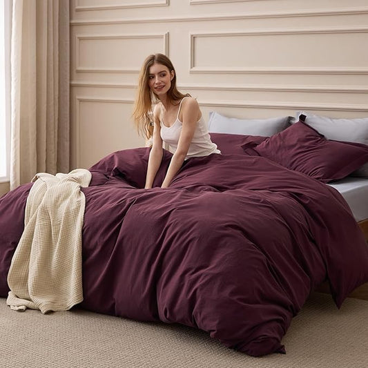 Bedsure 100% Washed Cotton Duvet Cover King Size - Burgundy Minimalist Bedding Set Linen Like - PureWoven Plain Simple & Soft Comforter Cover for All Seasons (Burgundy, King, 104"x90")