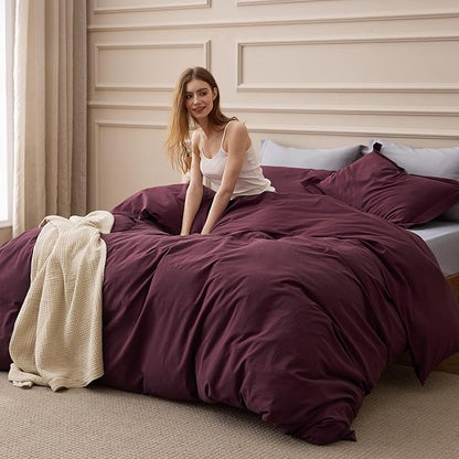 Bedsure 100% Washed Cotton Duvet Cover Queen Size - Burgundy Minimalist Bedding Set Linen Like - PureWoven Plain Simple & Soft Comforter Cover for All Seasons (Burgundy, Queen, 90"x90")