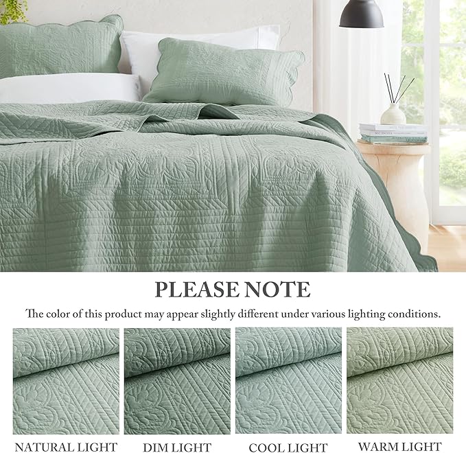 Madison Park Queen Quilt Set Damask Coverlet Set for Queen Size Bed, Cottage Oversized Quilt, Scallop Edge, All Season, Pre-washed Cotton-Filled Queen Size Quilt, Tuscany, Full/Queen Seafoam 3 Piece