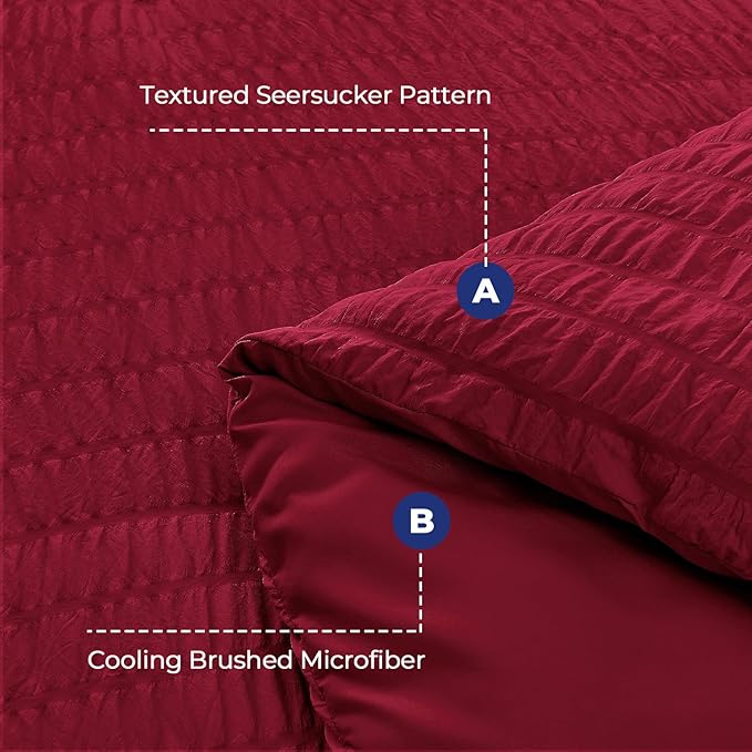 HYMOKEGE Burgundy Duvet Cover Full Size, Ultra Soft 3-Piece Seersucker Duvet Cover Set with Zipper Closure, Soft Brushed Microfiber Bedding Set with 8 Corner Ties (80"x90", 2 Pillowshams)