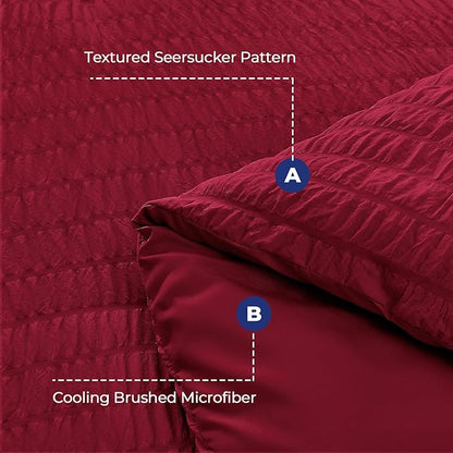 HYMOKEGE Burgundy Duvet Cover Queen Size, Ultra Soft 3-Piece Seersucker Duvet Cover Set with Zipper Closure, Soft Brushed Microfiber Bedding Set with 8 Corner Ties (90"x90", 2 Pillowshams)