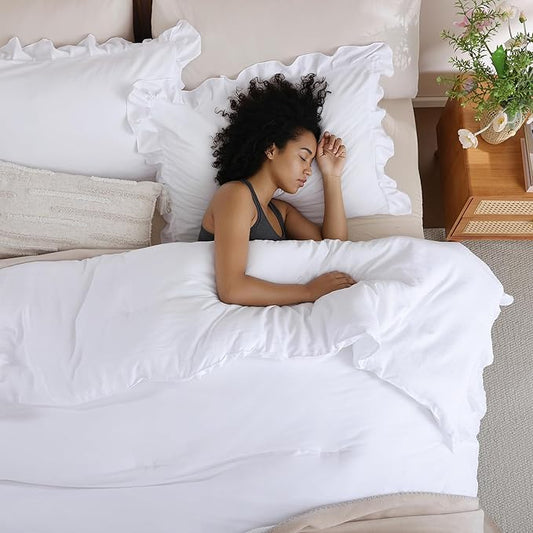 JANZAA King Size Comforter Set White Ruffled Comforter Set Soft Vintage Farmhouse Bed Beding Set Fluffy 3PCS Shabby Chic Bedding with 2 Pillowcases