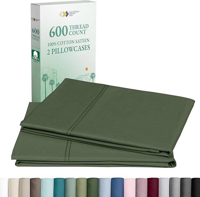 California Design Den Standard/Queen Pillow Cases Set of 2 - Luxuriously Soft Premium 600 Thread Count, 100% Cotton, Crisp Sateen, Fits Standard & Queen Pillows - Dark Olive Green