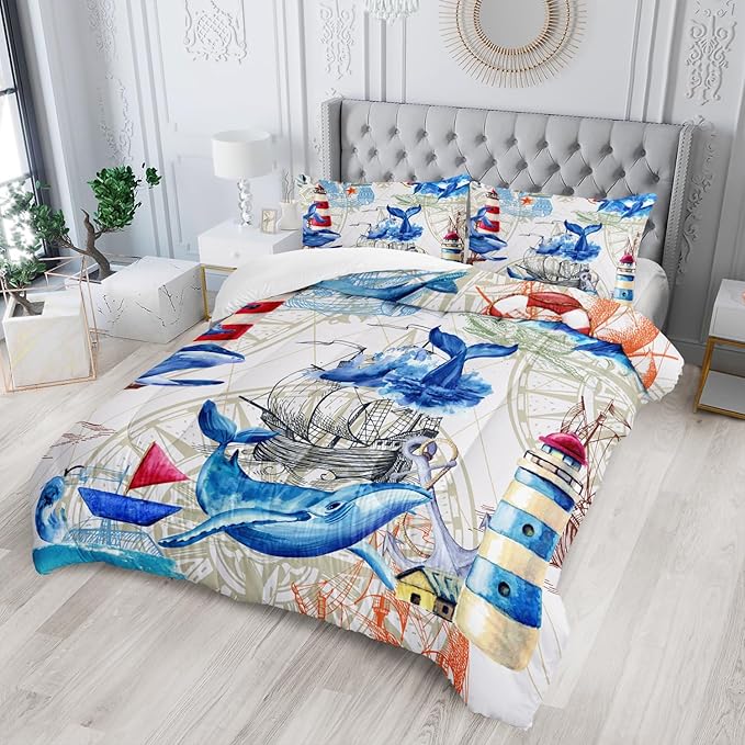 Nautical Whale Comforter Set Twin,Blue Whale Ocean Lighthouse 3 Pieces Bedding Set for Kids Boys Teens,Vintage Nautical Map Microfiber Lightweight Quilt Bedroom Decor with 2 Pillow Cases