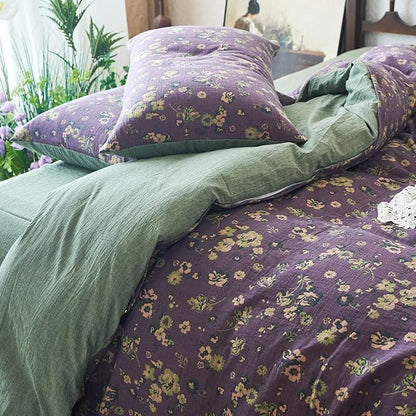 mixinni Vintage Floral Duvet Cover Queen Set - Purple & Green Reversible Jacquard, 100% Yarn-Dyed Double-Layer Cotton, Breathable Luxury Bedding (3-Piece, Includes 2 Pillowcases) Farmhouse & Bohemian