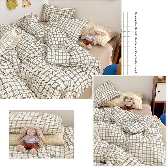 EAVD Vintage Style Plaid Gingham Duvet Cover Twin Soft 100% Washed Cotton Grey&Green Grid Checkered Bedding Set with 2 Pillowcases Farmhouse Geometric Pattern Duvet Cover with Zipper Closure