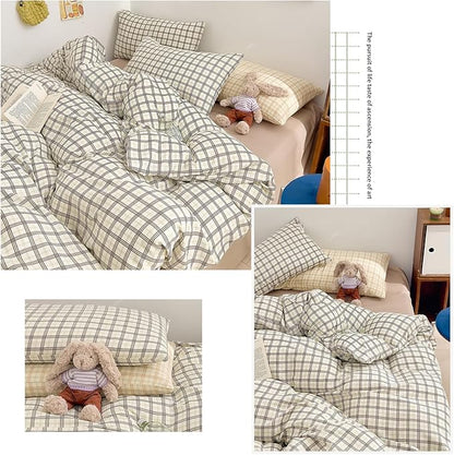 EAVD Vintage Style Plaid Gingham Duvet Cover King Soft 100% Washed Cotton Grey&Green Grid Checkered Bedding Set with 2 Pillowcases Farmhouse Geometric Pattern Duvet Cover with Zipper Closure