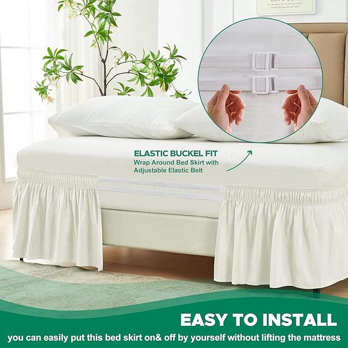 Biscaynebay Wrap Around Bed Skirts for Full & Full XL Beds 18" Long Drop, Ivory Adjustable Elastic Dust Ruffles Easy Fit Wrinkle Resistant Silky Luxurious Fabric Machine Washable