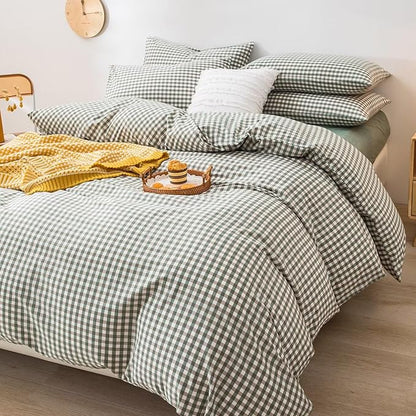 mixinni Green Gingham Comforter Set King, Plaid Comforter Set 3 Pieces 1 Green Grid Comfoter with 2 Pillow Cases for All Seasons, Soft Fluffy Modern Grid Pattern Printed Bedding-King Size