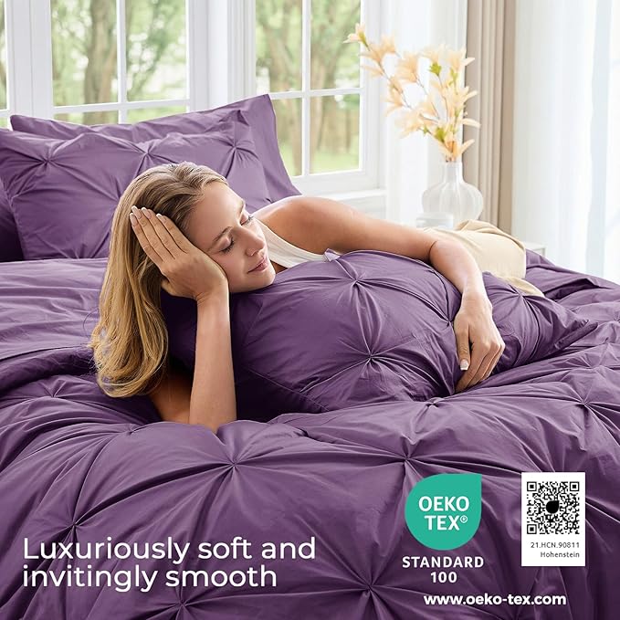 Sasttie California King Comforter Set, 7-Piece Bed in a Bag Cal King, Pintuck Bedding Set for All Season, Includes Comforter, Flat Sheet, Fitted Sheet, Pillowcases and Pillowshams, Grape Purple