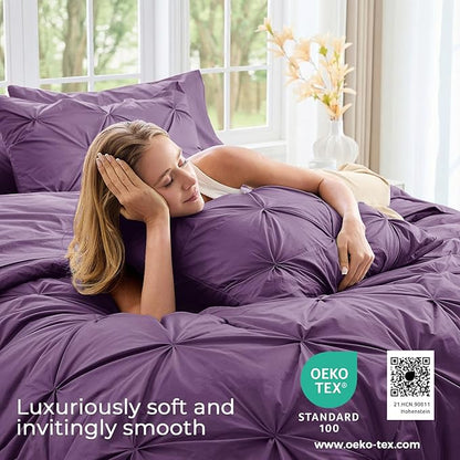 Sasttie California King Comforter Set, 7-Piece Bed in a Bag Cal King, Pintuck Bedding Set for All Season, Includes Comforter, Flat Sheet, Fitted Sheet, Pillowcases and Pillowshams, Grape Purple