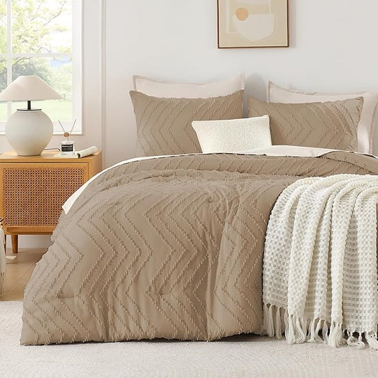 Andency Taupe Comforter Set King Size, Boho Soft Warm Tufted Bedding Comforter Sets for King Size Bed, 3 Pieces Aesthetic Chevron Farmhouse Cute Bohemian Textured Bedding Set